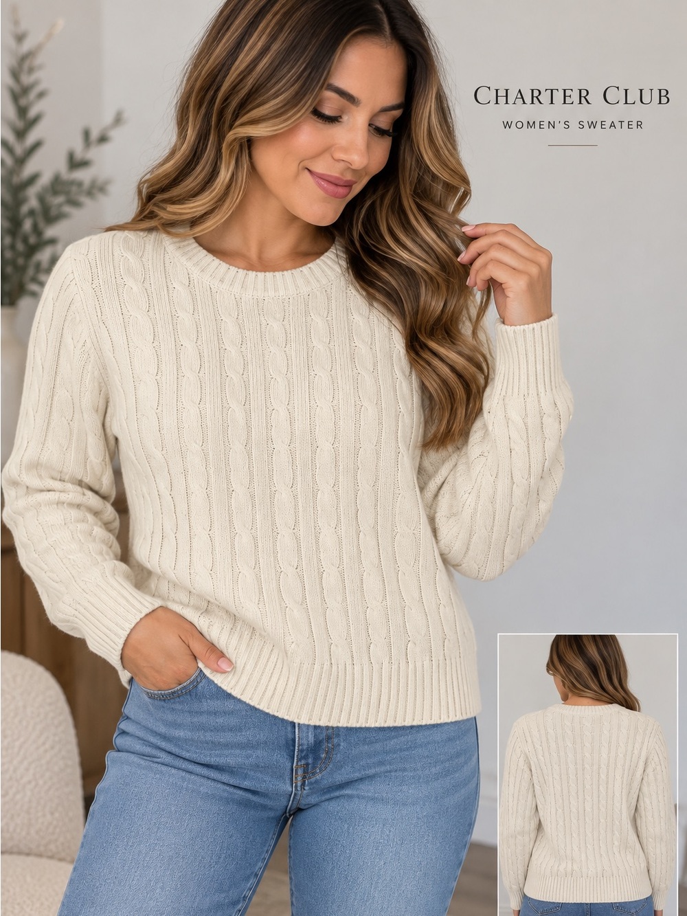 Charter Club Cream Cable-Knit Crewneck Sweater